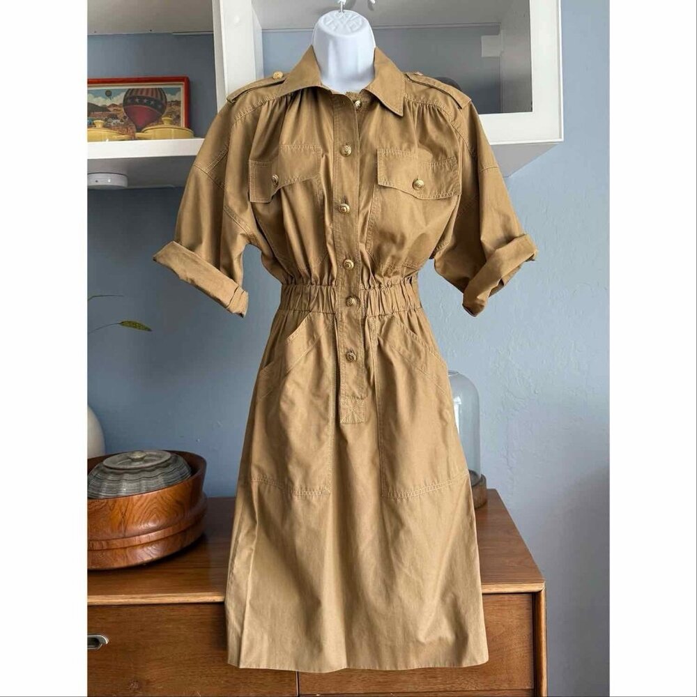 Vtg MILA SCHON Boutique Cotton Utility Style Dress Button Front Logo Buttons